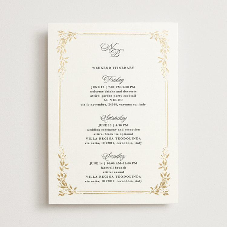 "Lake Como" - Wedding Weekend Itinerary Cards in Diamond by Kate Ahn - Front