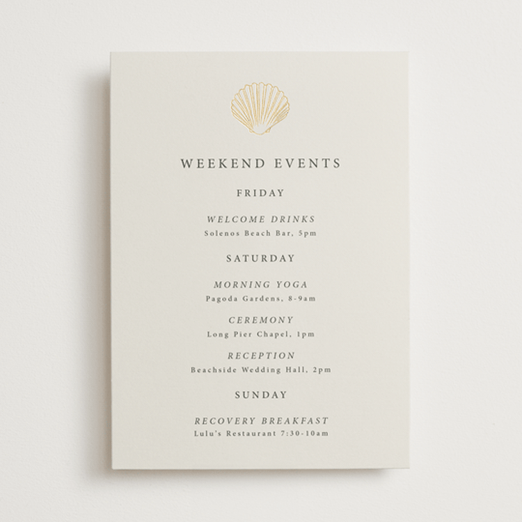 "Simple Seashell" - Wedding Weekend Itinerary Cards in Sand by Hannah Bowman - Front