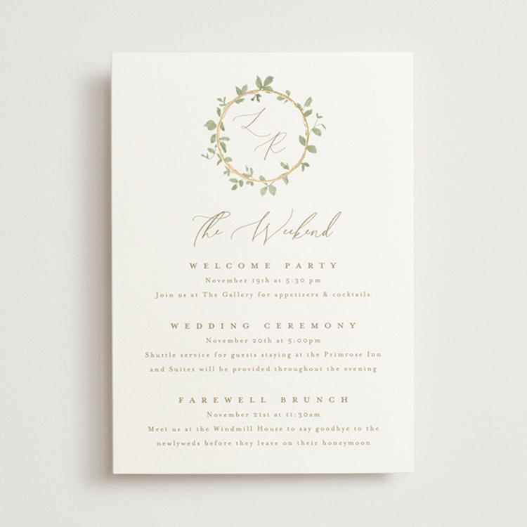 "Canopy" - Wedding Weekend Itinerary Cards in Ivy by Everett Paper Goods - Front