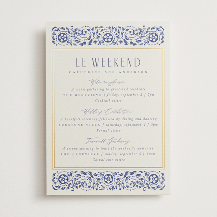 "Tiled Romance" - Wedding Weekend Itinerary Cards in Dynasty Blue by Ana de Sousa - Front
