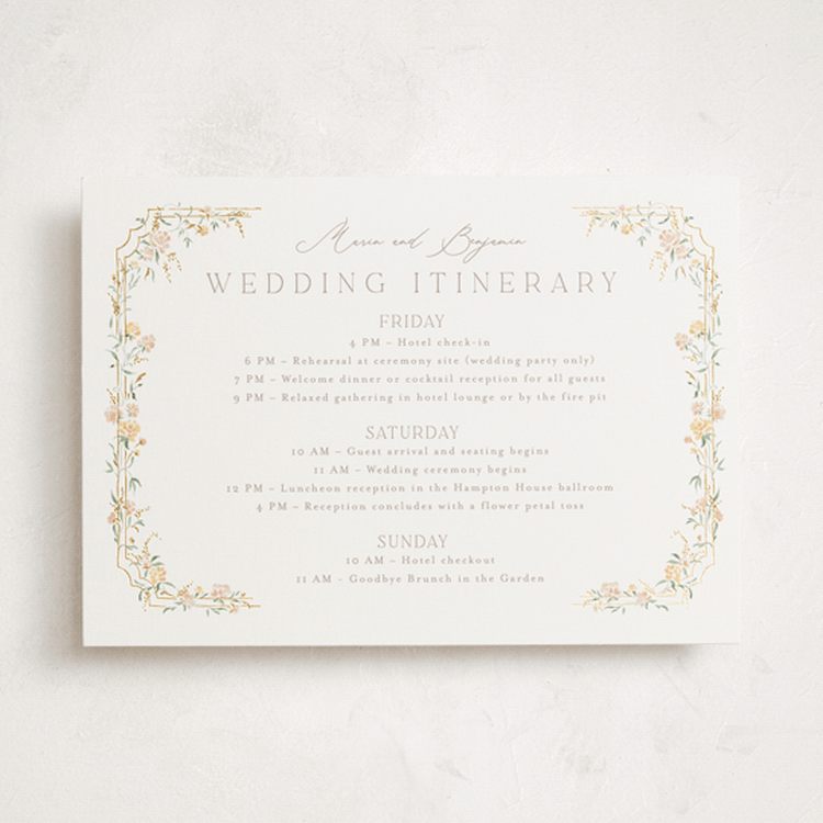 "Victorian Trellis" - Wedding Weekend Itinerary Cards in Golden Summer by Erin L. Wilson - Front