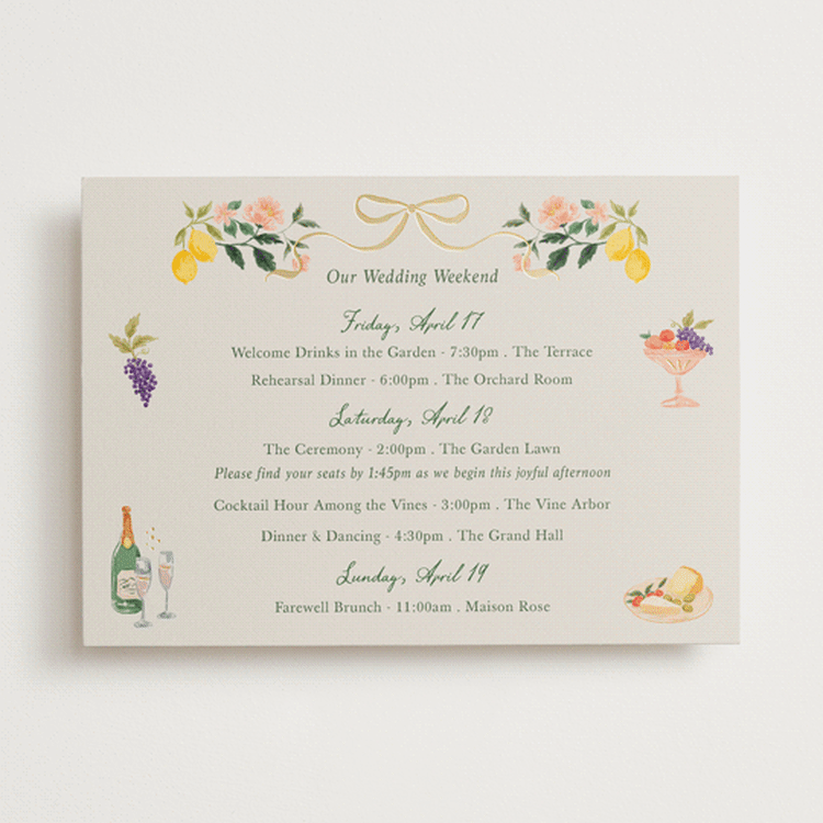 "Garden Feast" - Wedding Weekend Itinerary Cards in Garden by Elly - Front