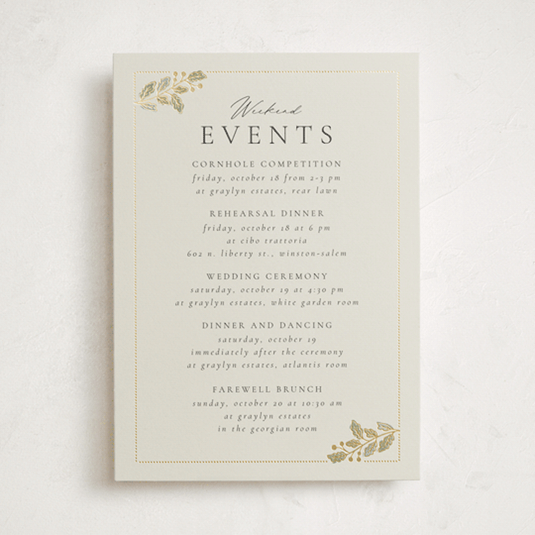 "Vine Wrap" - Wedding Weekend Itinerary Cards in Fern by Jen Owens - Front