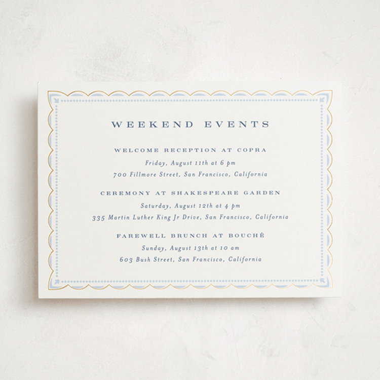 "Aurelia" - Wedding Weekend Itinerary Cards in Dusty Blue by Janean Hinger - Front
