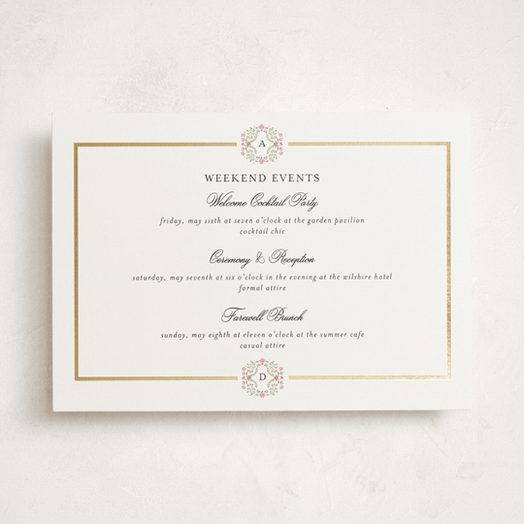 "Embrace" - Wedding Weekend Itinerary Cards in Peony by Susan Moyal - Front