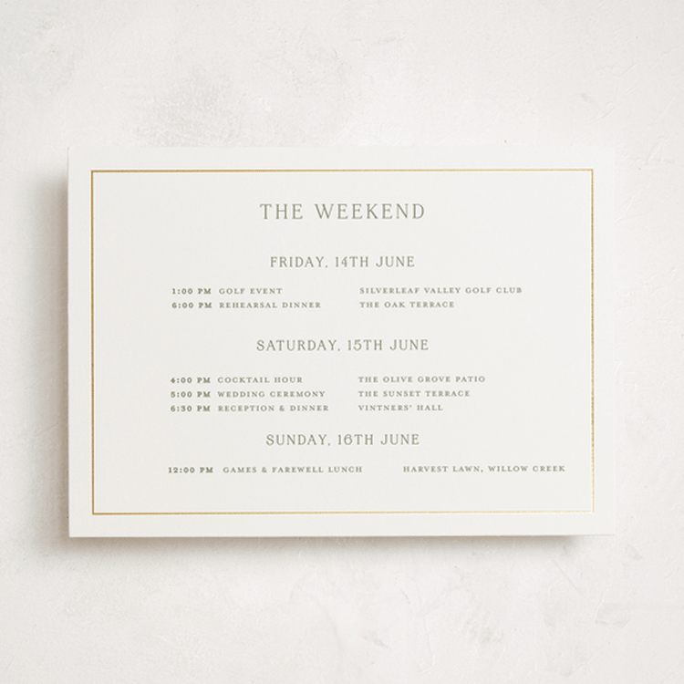 "Country Elegance" - Wedding Weekend Itinerary Cards in Sage by Lucrecia Caporale - Front