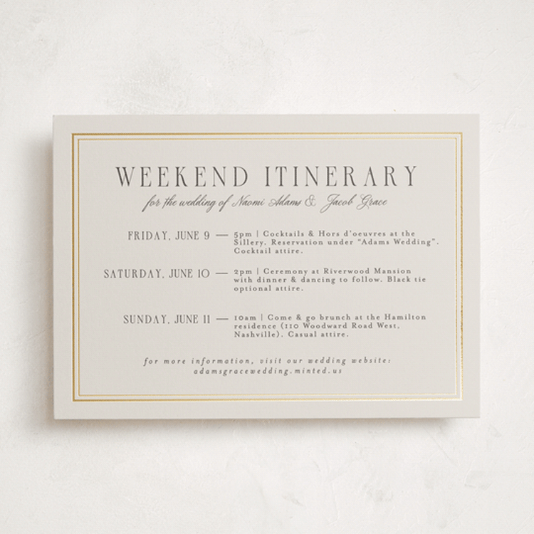 "Grace" - Wedding Weekend Itinerary Cards in Champagne by Nicole Walsh - Front