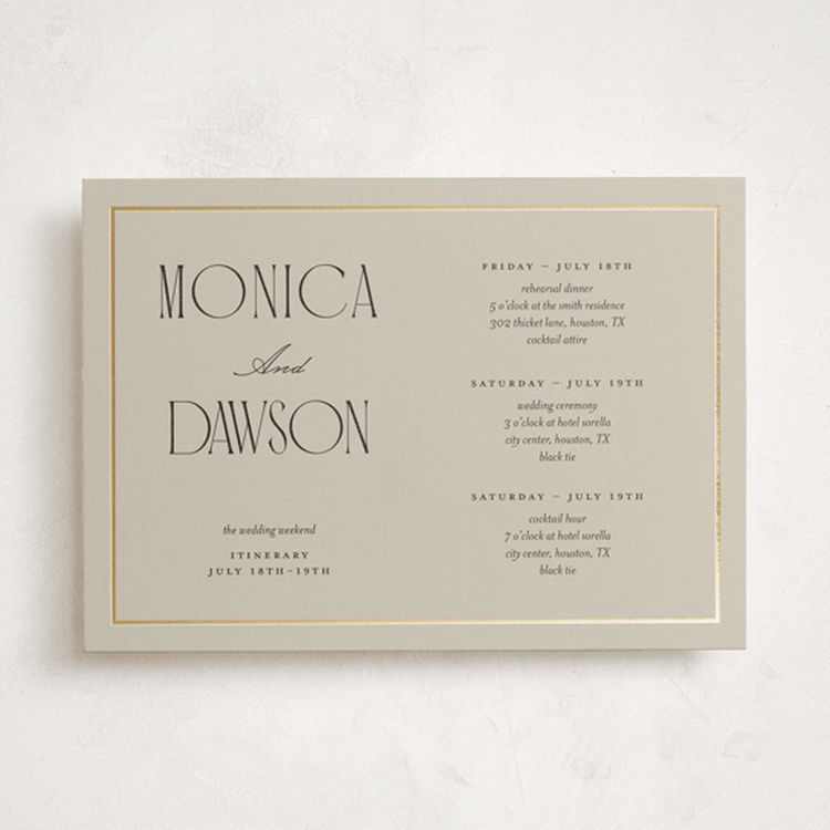 "Luxe Lines" - Wedding Weekend Itinerary Cards in Champagne by Kristin Oliversen - Front