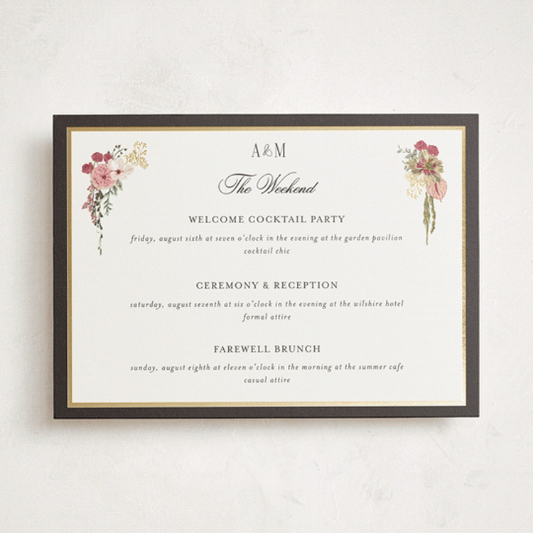 "Flouriishing" - Wedding Weekend Itinerary Cards in Blush by Susan Moyal - Front