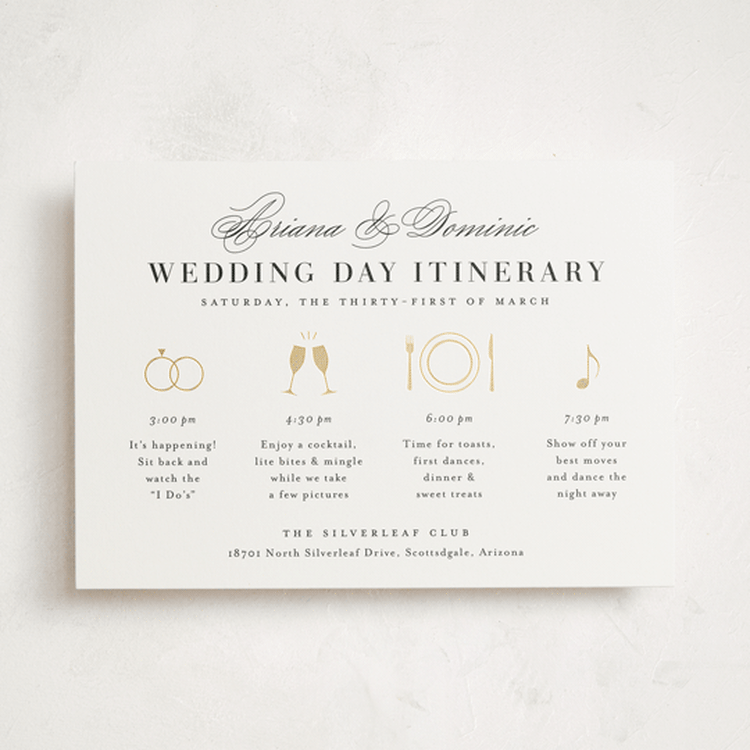 "Gilded Ampersand" - Wedding Weekend Itinerary Cards in Cotton by Jennifer Postorino - Front