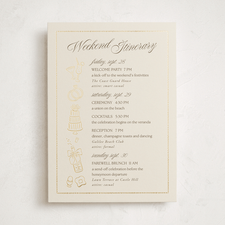 "Seaside" - Wedding Weekend Itinerary Cards in Champagne by Griffinbell Paper Co. - Front
