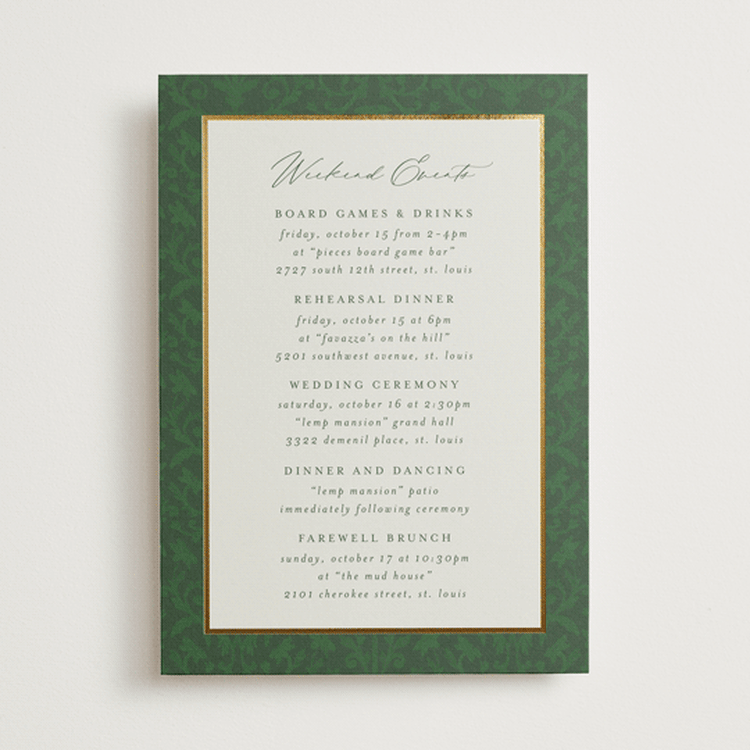 "grandeur" - Wedding Weekend Itinerary Cards in Forest by Jen Owens - Front
