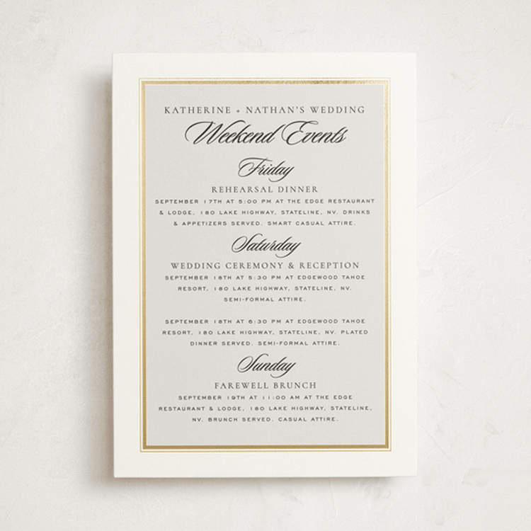 "Gilded Forest" - Wedding Weekend Itinerary Cards in Snow by Stacy Maalouf - Front