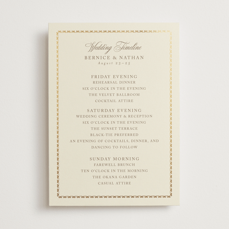 "Ahlum" - Wedding Weekend Itinerary Cards in Champagne by Deynaaz Daraei - Front