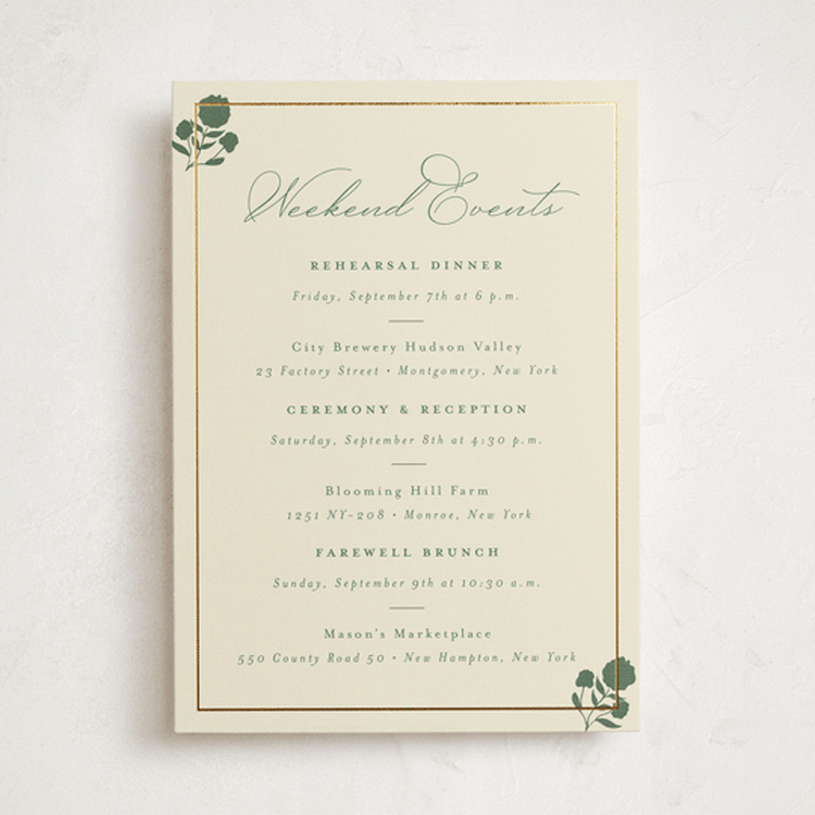 "Vintage Oval" - Wedding Weekend Itinerary Cards in Rosemary by Emily Betts - Front