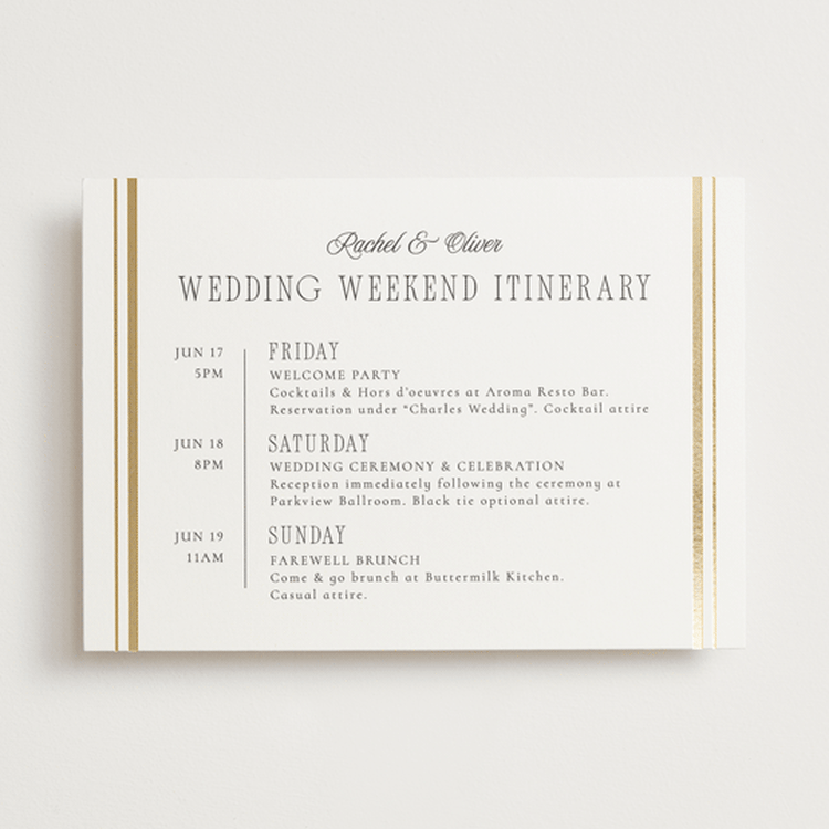 "Side Stripe" - Wedding Weekend Itinerary Cards in Pearl by Nicole Walsh - Front