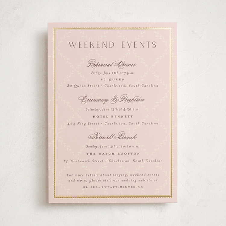 "Scallop Monogram" - Wedding Weekend Itinerary Cards in Rose Quartz by Emily Betts - Front