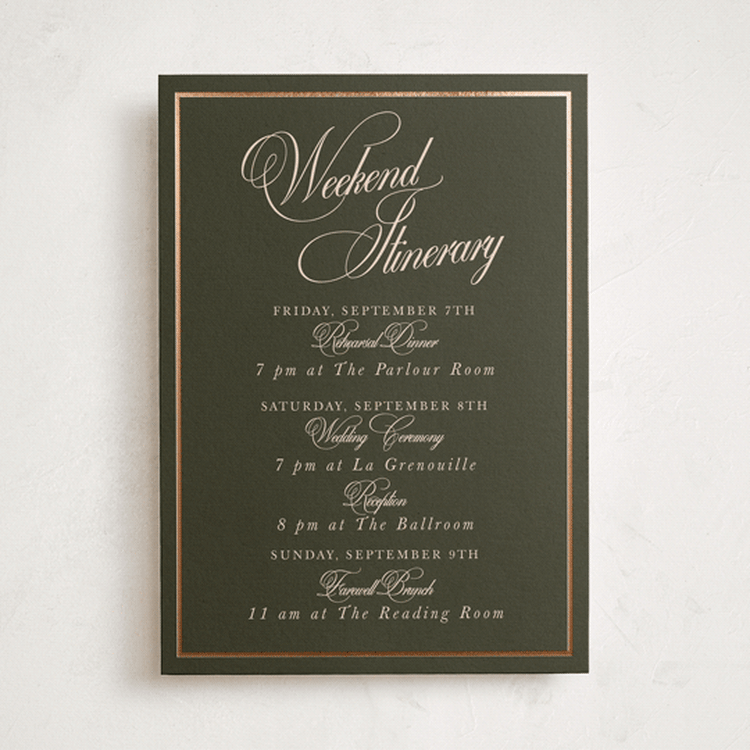 "Playbill" - Wedding Weekend Itinerary Cards in Midnight Forest by Morgan Kendall - Front