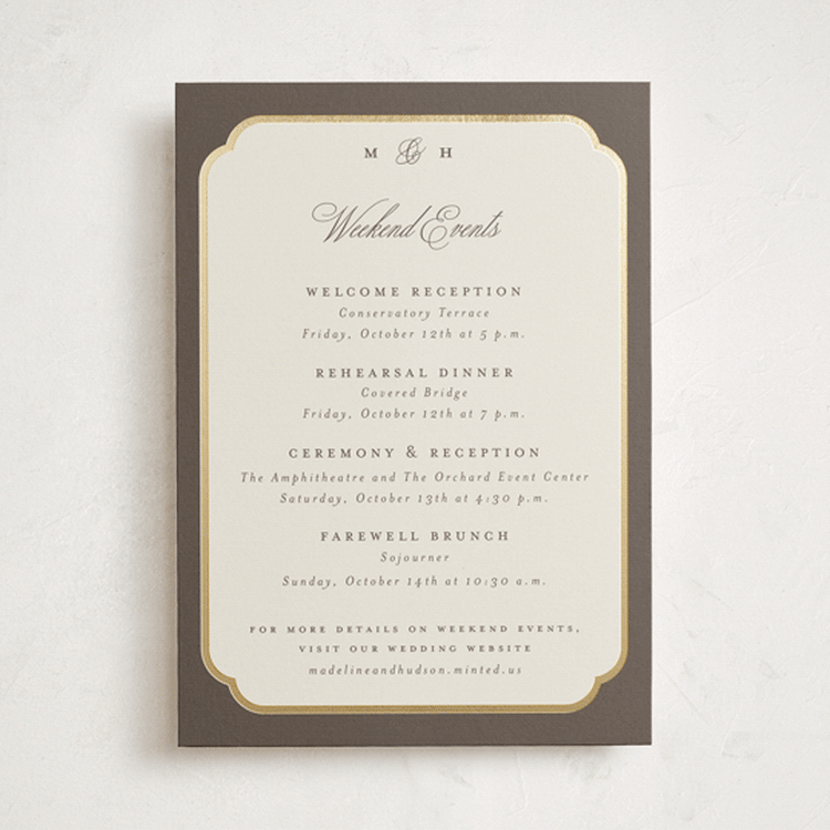 "Arch Frame" - Wedding Weekend Itinerary Cards in Cognac by Emily Betts - Front