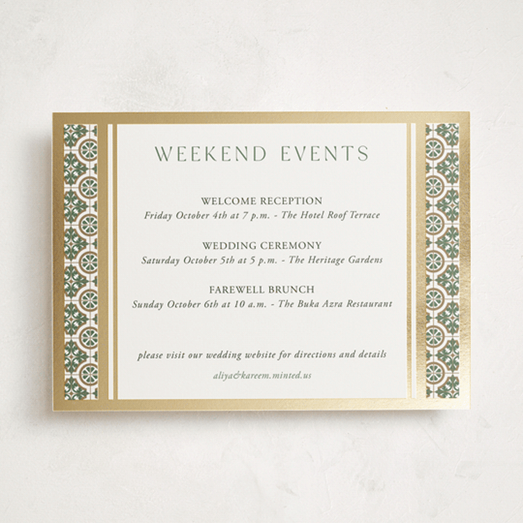 "Kareem" - Wedding Weekend Itinerary Cards in Evergreen by Oma N. Ramkhelawan - Front