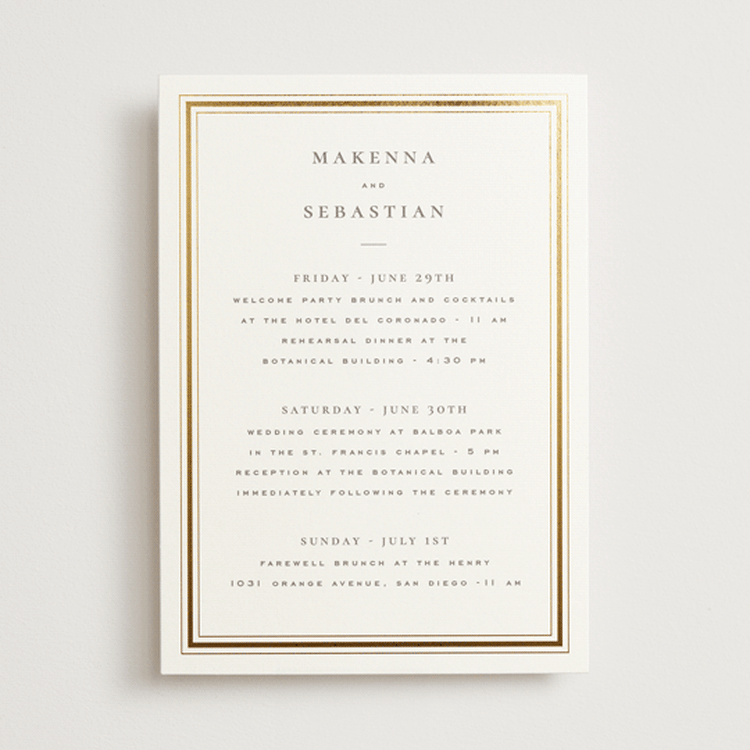 "Hampton" - Wedding Weekend Itinerary Cards in Chantilly by Wildfield Paper Co - Front