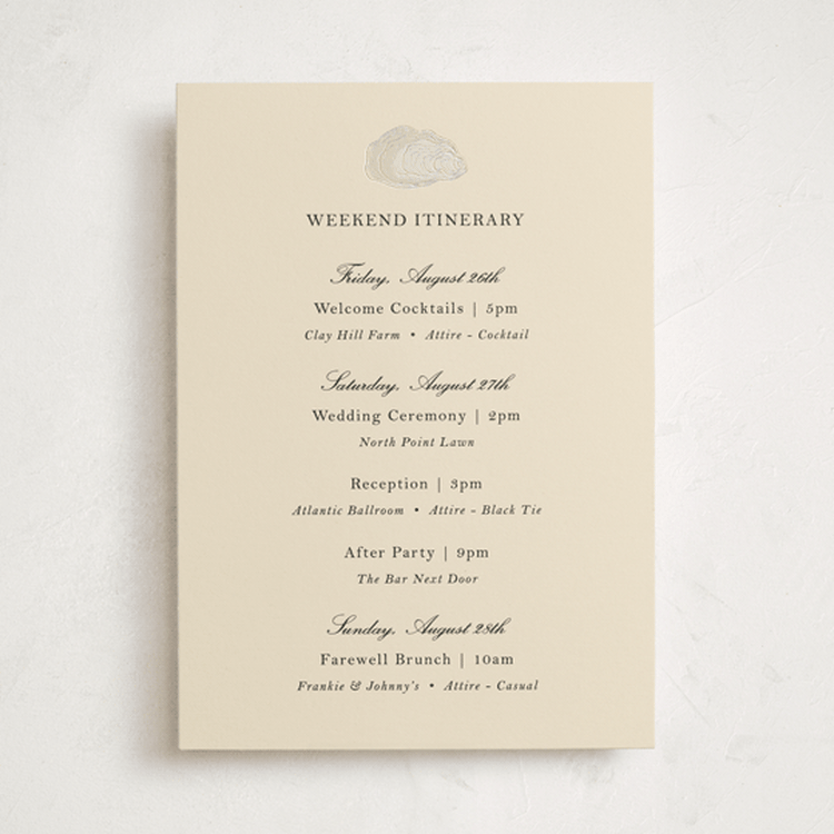 "Cove" - Wedding Weekend Itinerary Cards in Sand by Jennifer Lew - Front
