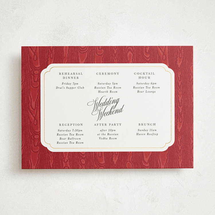 "Moiré" - Wedding Weekend Itinerary Cards in Crimson by Studio Suku - Front