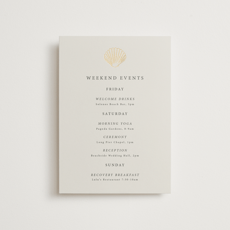 "Simple Seashell" - Wedding Weekend Itinerary Cards in Sand by Hannah Bowman - Front