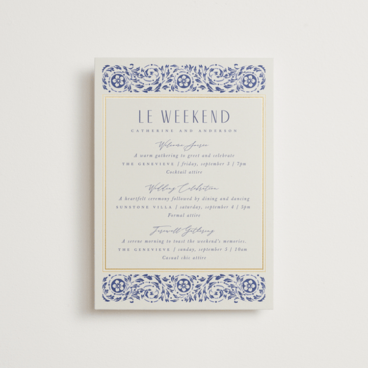 "Tiled Romance" - Wedding Weekend Itinerary Cards in Dynasty Blue by Ana de Sousa - Front