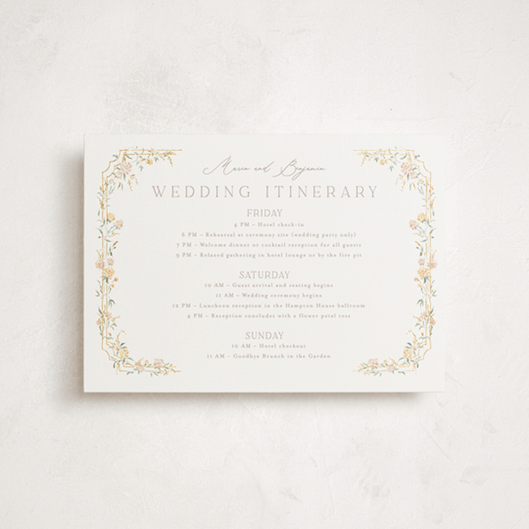 "Victorian Trellis" - Wedding Weekend Itinerary Cards in Golden Summer by Erin L. Wilson - Front