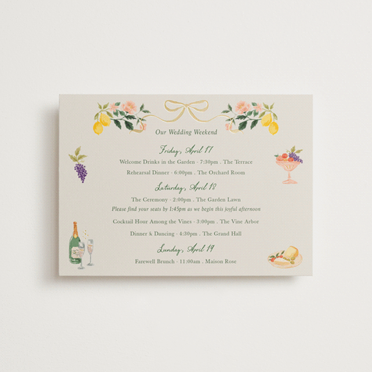 "Garden Feast" - Wedding Weekend Itinerary Cards in Garden by Elly - Front