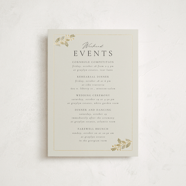 "Vine Wrap" - Wedding Weekend Itinerary Cards in Fern by Jen Owens - Front
