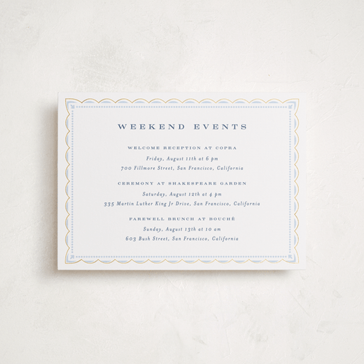 "Aurelia" - Wedding Weekend Itinerary Cards in Dusty Blue by Janean Hinger - Front