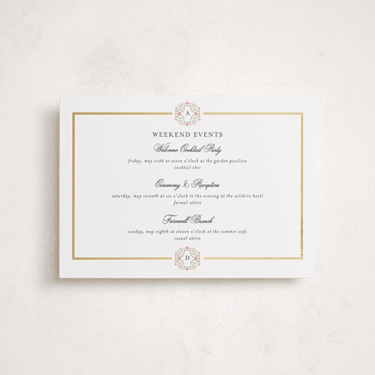 "Embrace" - Wedding Weekend Itinerary Cards in Peony by Susan Moyal - Front