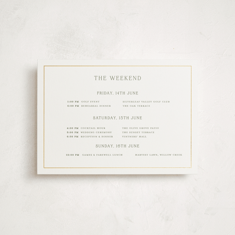 "Country Elegance" - Wedding Weekend Itinerary Cards in Sage by Lucrecia Caporale - Front