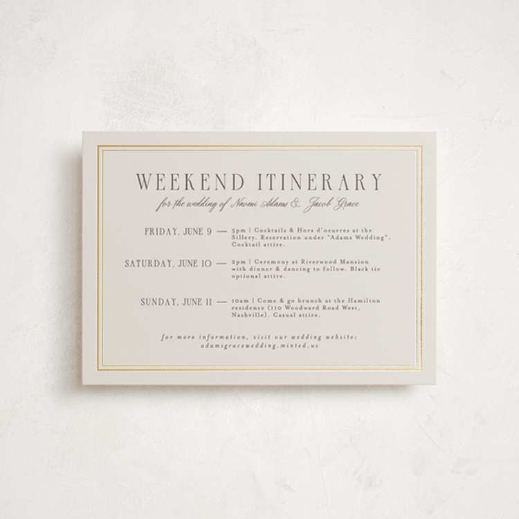 "Grace" - Wedding Weekend Itinerary Cards in Champagne by Nicole Walsh - Front