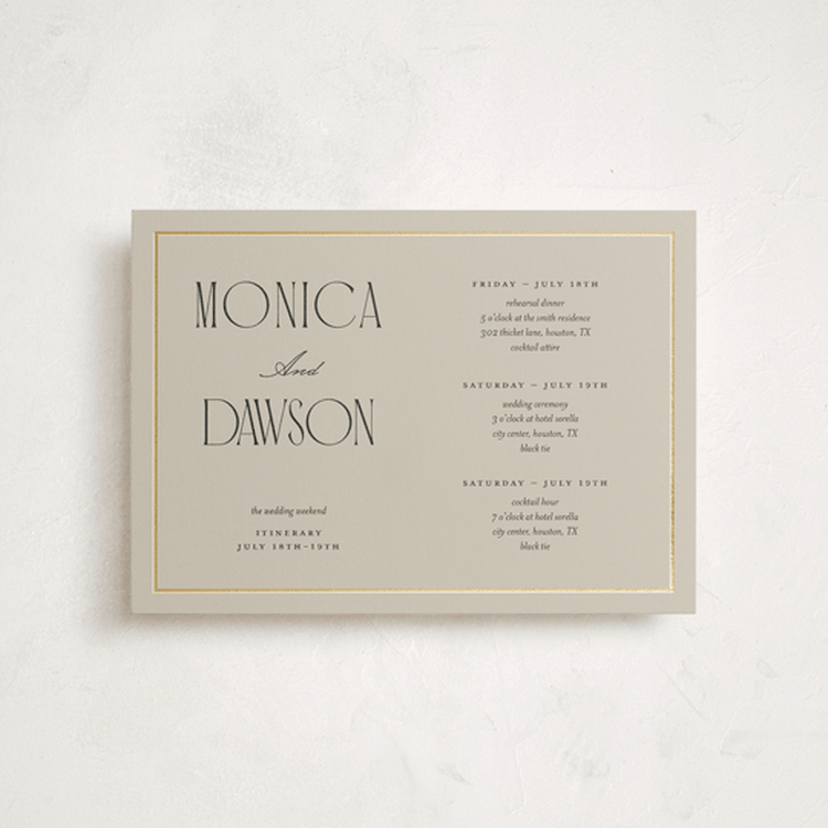 "Luxe Lines" - Wedding Weekend Itinerary Cards in Champagne by Kristin Oliversen - Front