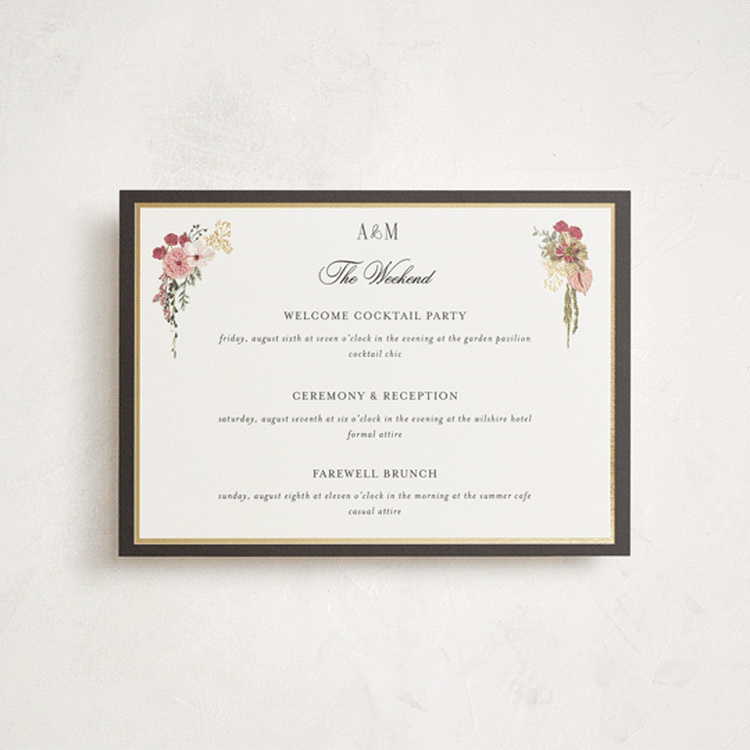 "Flouriishing" - Wedding Weekend Itinerary Cards in Blush by Susan Moyal - Front