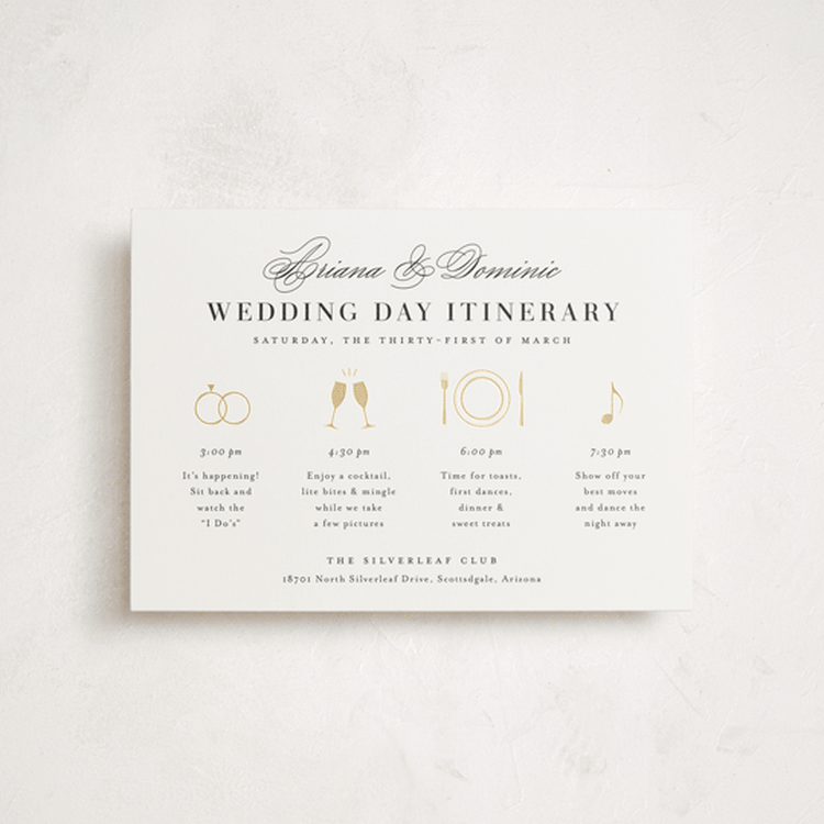"Gilded Ampersand" - Wedding Weekend Itinerary Cards in Cotton by Jennifer Postorino - Front