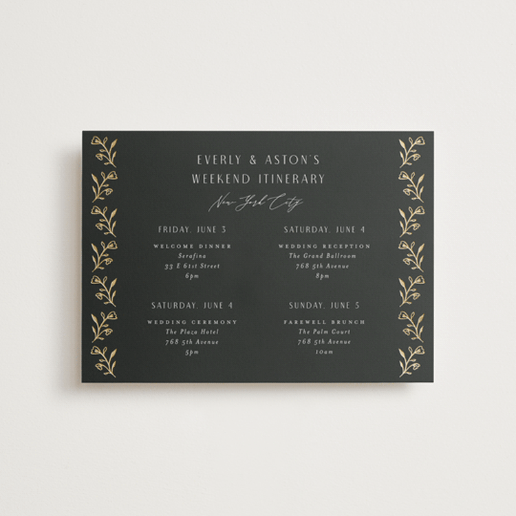 "Majesty" - Wedding Weekend Itinerary Cards in Onyx by Nicoletta Savod - Front