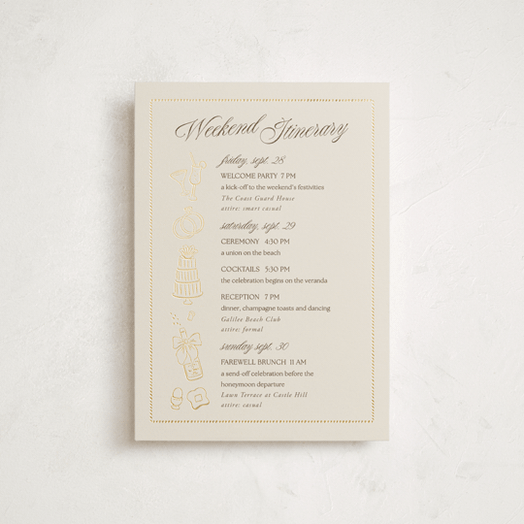 "Seaside" - Wedding Weekend Itinerary Cards in Champagne by Griffinbell Paper Co. - Front
