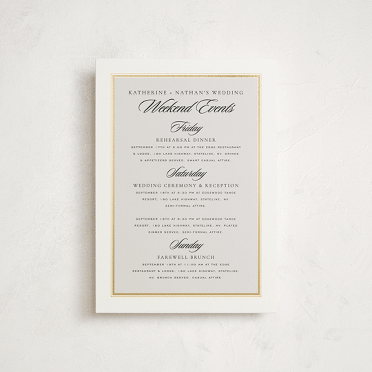 "Gilded Forest" - Wedding Weekend Itinerary Cards in Snow by Stacy Maalouf - Front