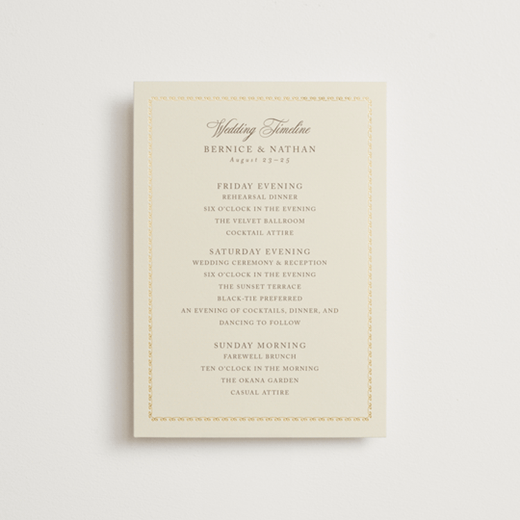 "Ahlum" - Wedding Weekend Itinerary Cards in Champagne by Deynaaz Daraei - Front