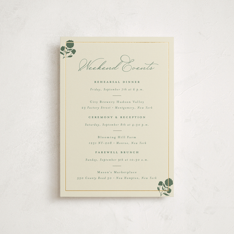 "Vintage Oval" - Wedding Weekend Itinerary Cards in Rosemary by Emily Betts - Front