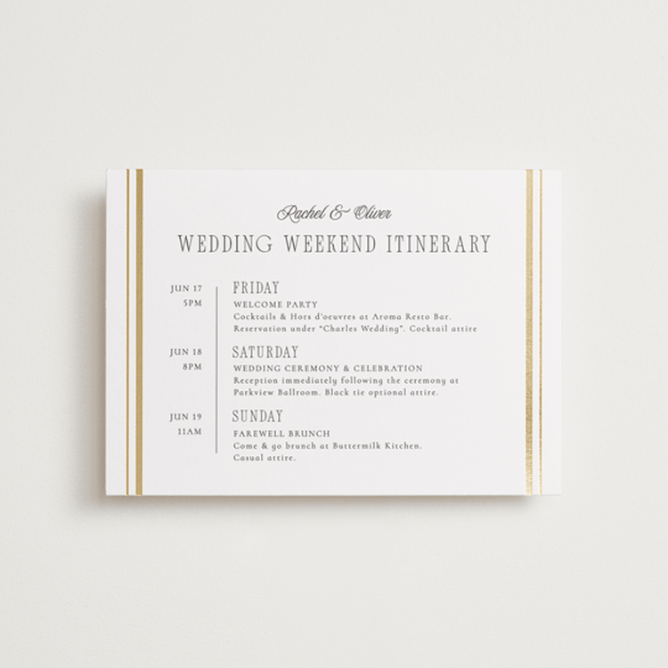 "Side Stripe" - Wedding Weekend Itinerary Cards in Pearl by Nicole Walsh - Front