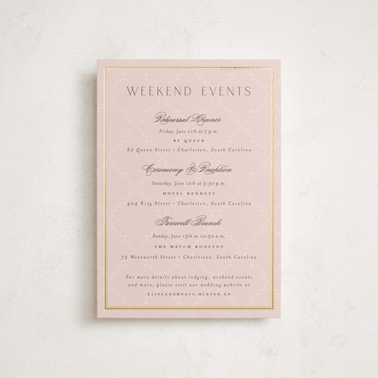 "Scallop Monogram" - Wedding Weekend Itinerary Cards in Rose Quartz by Emily Betts - Front