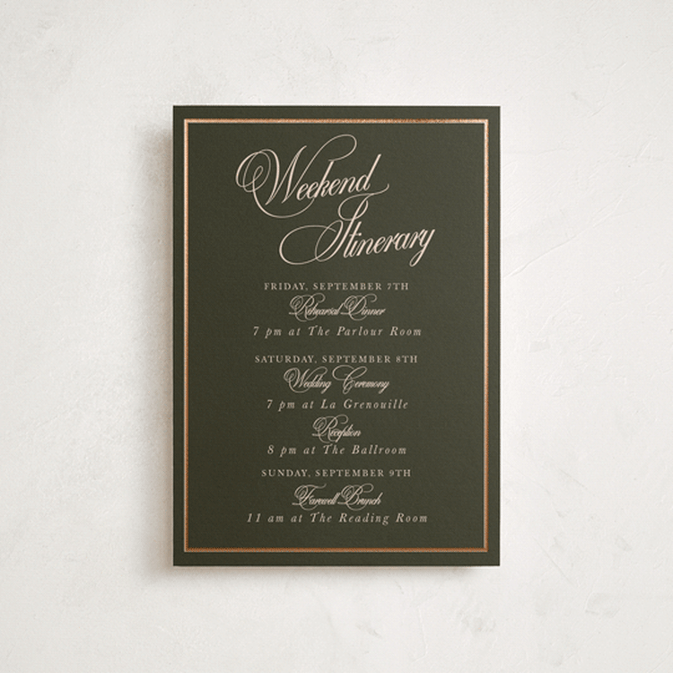 "Playbill" - Wedding Weekend Itinerary Cards in Midnight Forest by Morgan Kendall - Front