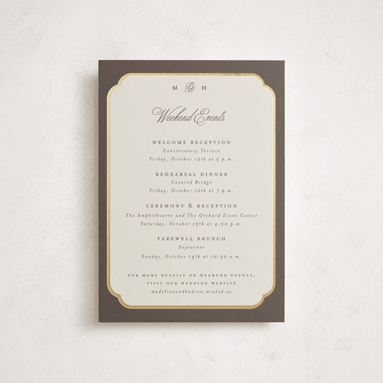 "Arch Frame" - Wedding Weekend Itinerary Cards in Cognac by Emily Betts - Front