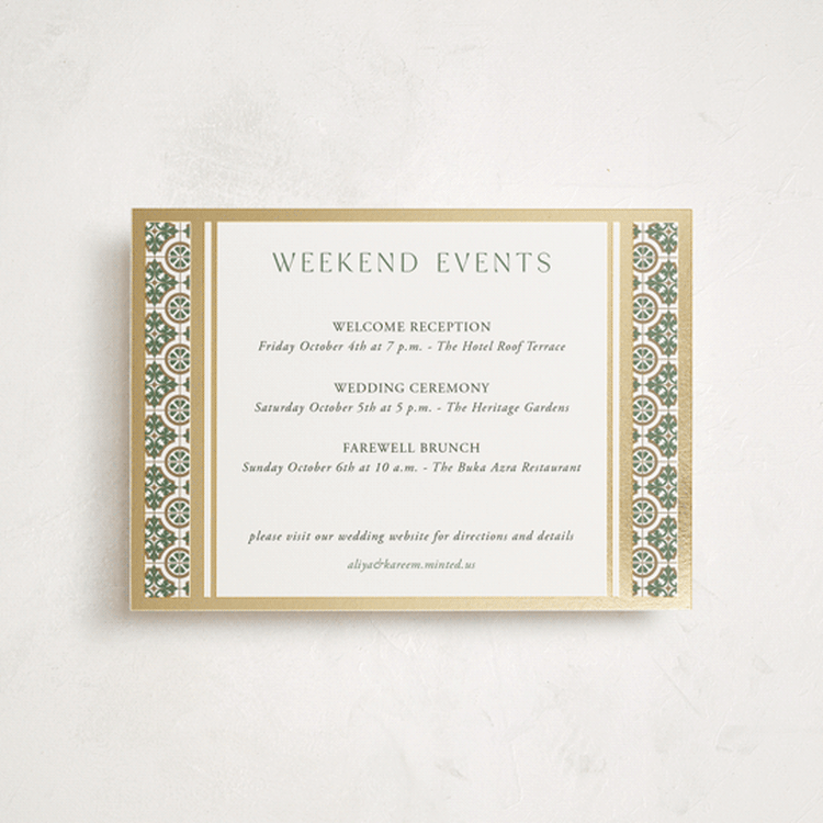 "Kareem" - Wedding Weekend Itinerary Cards in Evergreen by Oma N. Ramkhelawan - Front
