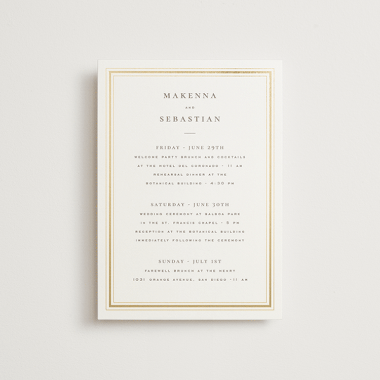 "Hampton" - Wedding Weekend Itinerary Cards in Chantilly by Wildfield Paper Co - Front